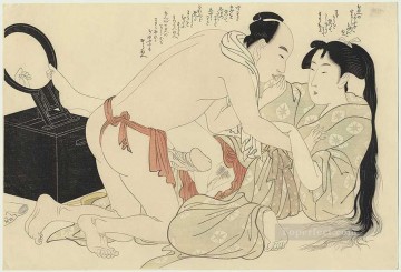 禁断とセクシー Painting - 長い髪をとかしている女性を男が邪魔する 喜多川歌麿 性的